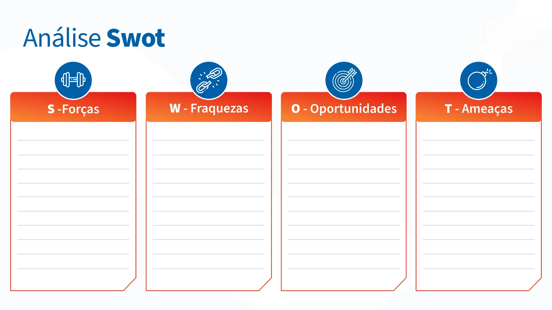Imagem ilustrativa da Análise SWOT, destacando as quatro áreas: Forças, Fraquezas, Oportunidades e Ameaças, com espaço para anotações.