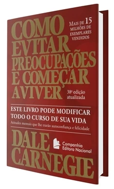 Imagem do livro 'Como Evitar Preocupações e Começar a Viver' de Dale Carnegie, mostrando capa em destaque com destaque para título e informações sobre edição e vendas.