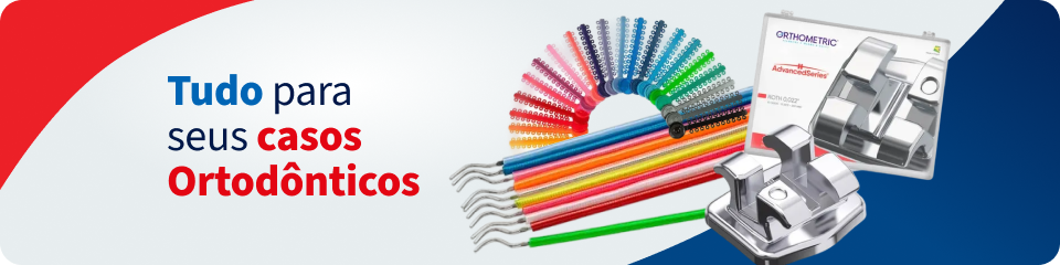 Imagem de produtos ortodônticos incluindo aparelho de medição, fios coloridos e instrumentos odontológicos, ideal para profissionais de odontologia.