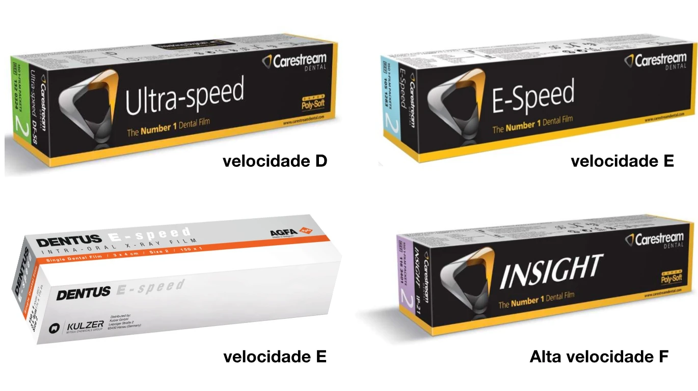 Caixas de tipos de filmes radiograficos odontológicos Dentus E-Speed e Carestream Dental com diferentes velocidades, incluindo alta velocidade F