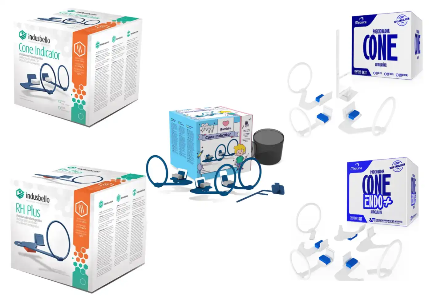 Imagem mostrando diferentes versões do cone indicador Indusbello, incluindo o Cone Indicator, RH Plus e Cone Endo+, acessórios e embalagens de produtos médicos utilizados para acompanhamento respiratório infantil.