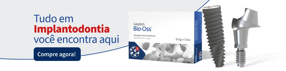 Imagem de um produto de implantes dentários incluindo uma prótese, um implante e uma embalagem do medicamento Bio-Oss para procedimentos de implantodontia.
