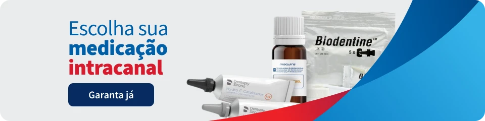 Imagem de medicamentos para uso dental, incluindo tubos de creme dental e frascos de gel, promovendo a escolha de medicação intracanal adequada.