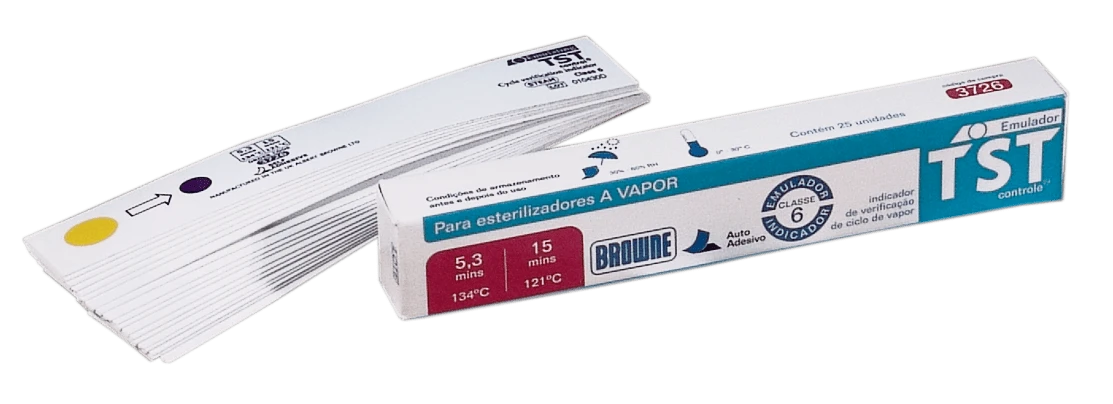 Indicador Químico Emulador TST Browne, produto para esterilização a vapor, com embalagem branca e detalhes em azul