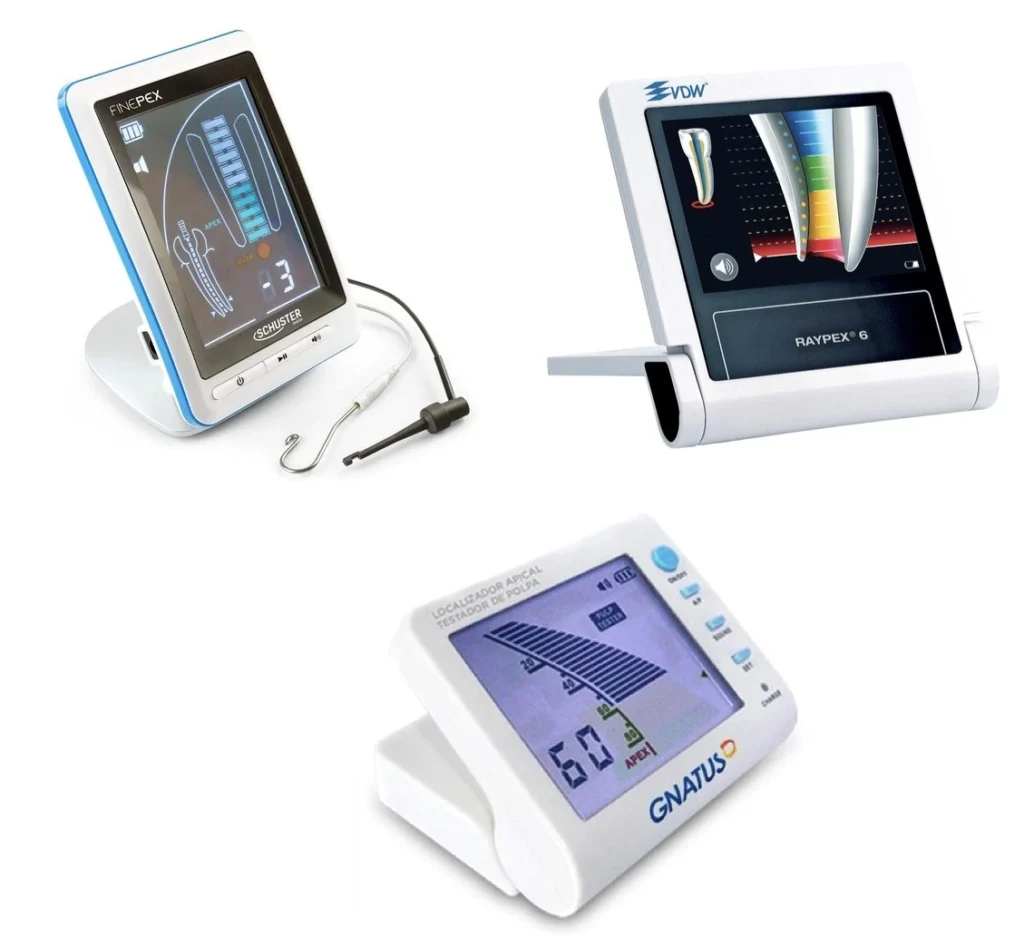 Imagem com três modelos de localizadores formaminais para uso na odontometria