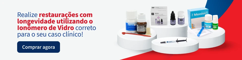 Imagem de produtos especializados em restauração dentária, destacando itens com tecnologia de vidro para tratamentos odontológicos de alta qualidade.