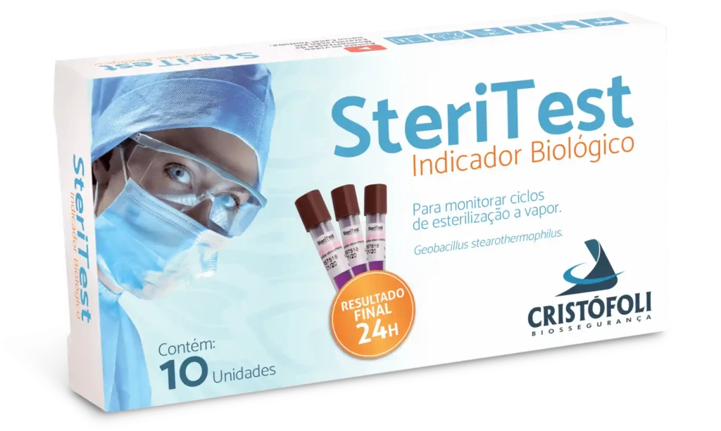 Caixa do teste de esterilização SteriTest indicador biológico com 10 unidades, utilizado para monitorar ciclos de esterilização a vapor, com resultado final em 24 horas, produzido pela Cristófoli Biossegurança.