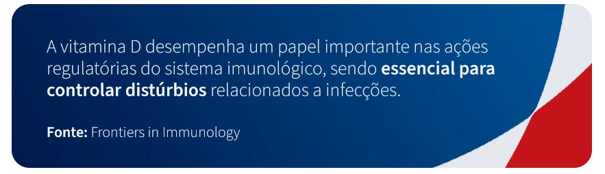 Infográfico explicando a importância da vitamina D na regulação do sistema imunológico e seu papel na prevenção de infecções, destacando a relevância de controlar distúrbios imunológicos.