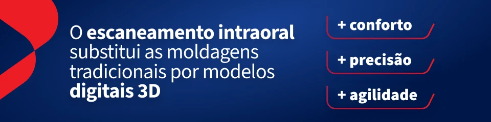 Ilustração explicativa sobre escaneamento intraoral que substitui moldagens tradicionais por modelos digitais 3D, destacando conforto, precisão e agilidade na odontologia.