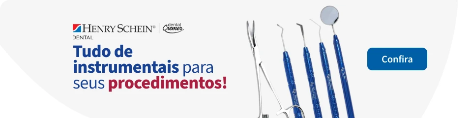 Ferramentas odontológicas para procedimentos dentais apresentados em imagem, com destaque para instrumentos como espelho, pinças e curetas, utilizados por profissionais da odontologia.