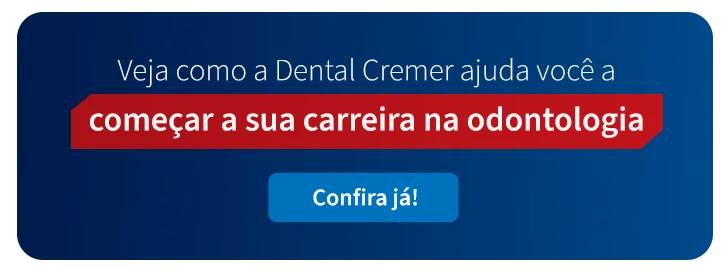 Banner publicitário da Dental Cremer com mensagem incentivando a carreira na odontologia e destaque para o botão 'Confira já!'. Fundo azul e destaque em vermelho.