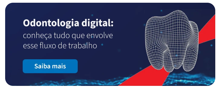 Banner de odontologia digital mostrando uma representação de dente em 3D e o texto 'Odontologia digital: conheça tudo que envolve esse fluxo de trabalho'.