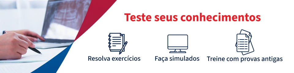 Imagem referente a teste de conhecimentos, com ícones de resolução de exercícios, simulações e provas antigas, incentivando a prática e estudo.