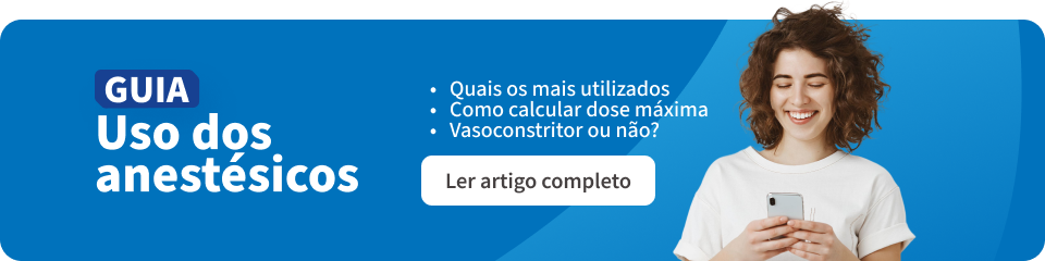 Banner com uma moça segurando um celular ao lado de textos explicando o guia completo sobre uso de anestésicos, incluindo quais são os mais utilizados, como calcular a dose máxima e se são vasoconstritores. Perfeito para profissionais de saúde.
