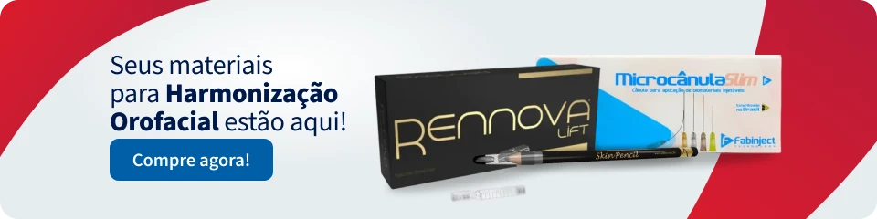 Imagem promocional mostrando materiais para harmonização oro facial, incluindo a goteira Dennova Lift, Microcânula Slim e produtos de marcas reconhecidas.