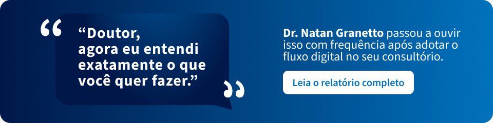 Depoimento de paciente feliz na clínica de saúde, destacado por texto em destaque e informações sobre Dr. Natan Granetto, especialista em saúde digital.