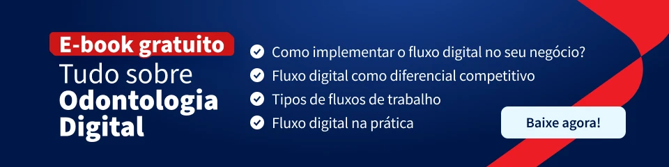 Imagem de uma página de E-book gratuito sobre odontologia digital, com tópicos como fluxo digital, implementação e tipos de fluxo de trabalho, para dentistas e profissionais da área.