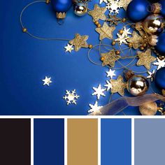 Paleta de cores em azul, preto e dourado para decora&ccedil;&atilde;o de natal do consult&oacute;rio odontol&oacute;gico