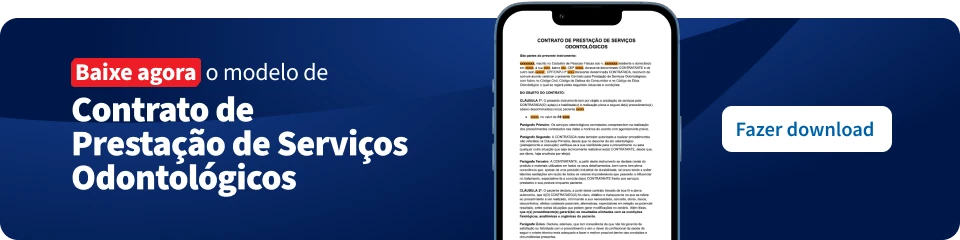 Imagem promovendo o modelo de Contrato de Prestação de Serviços Odontológicos para download, com destaque para o botão 'Fazer download' na tela de um dispositivo móvel.