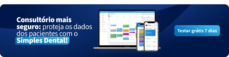 Imagem promocional de software para gerenciamento de consultórios odontológicos, destacando a segurança dos dados dos pacientes e a facilidade de uso em dispositivos variados.