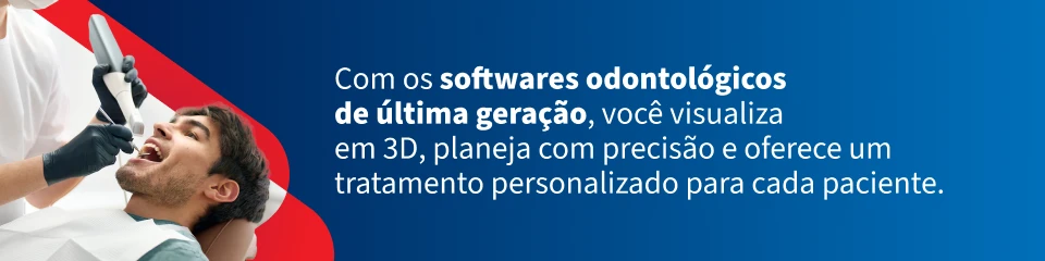 Paciente sorridente em consultório odontológico usando tecnologia moderna com software odontológico de última geração em ambiente 3D.