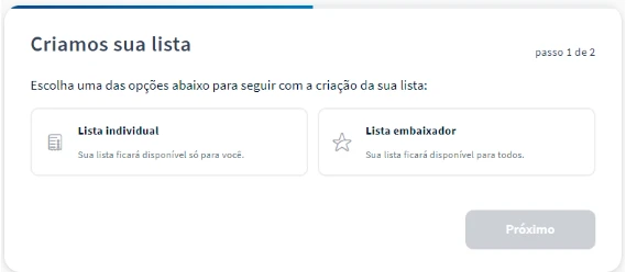 Imagem conceitual mostrando opções para criar uma lista, incluindo uma lista individual e uma lista embaixador, em uma interface digital.
