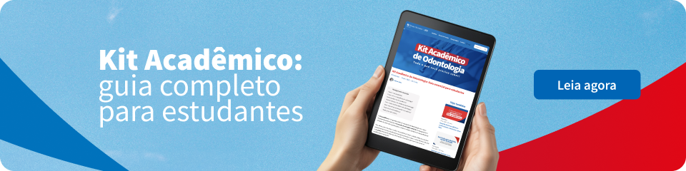 Imagem de um tablet exibindo um kit acadêmico de odontologia, destaque para o guia completo para estudantes, com um fundo azul e detalhes em vermelho. Perfeito para quem busca informações sobre materiais acadêmicos de odontologia.