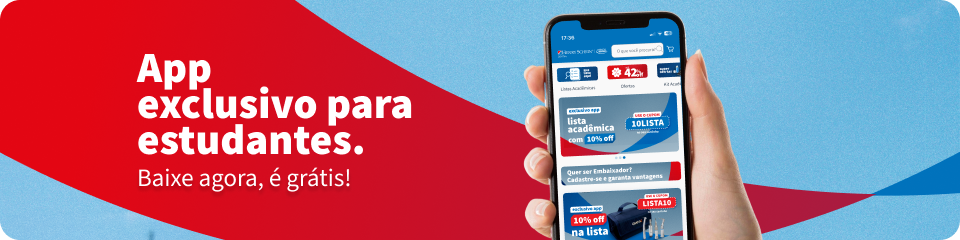 Imagem de um smartphone exibindo uma aplicação exclusiva para estudantes que oferece listas de compras acadêmicas com descontos, incentivando o download gratuito da app.