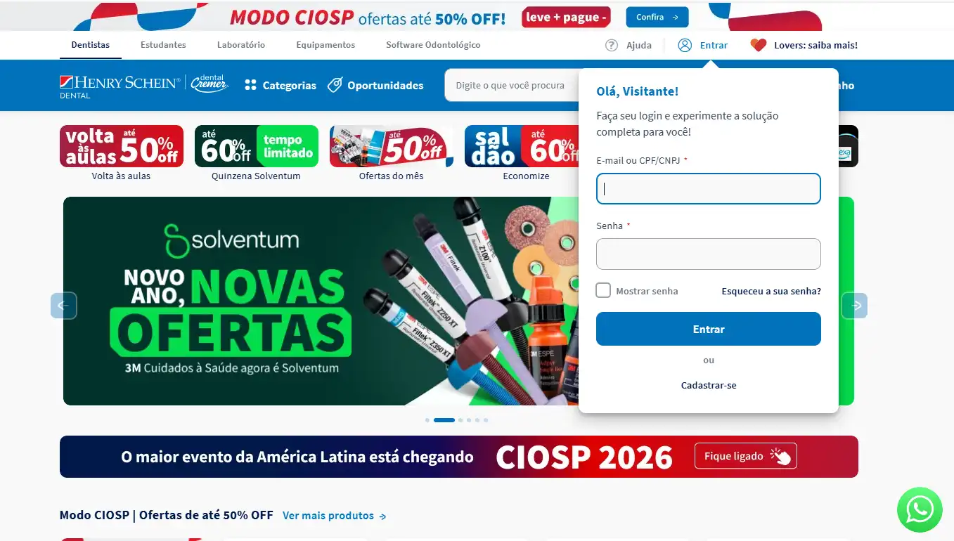 Página inicial do site Henry Schein Dental promovendo ofertas de produtos para cuidados de saúde bucal, com destaque para Solventum e uma área de login ao lado.