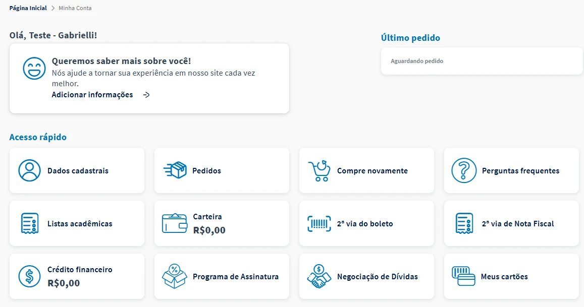 Imagem da tela inicial de uma conta do site, exibindo opções de acesso rápido como Pedidos, Listas acadêmicas, Cartão, e Negociação de Dívidas.