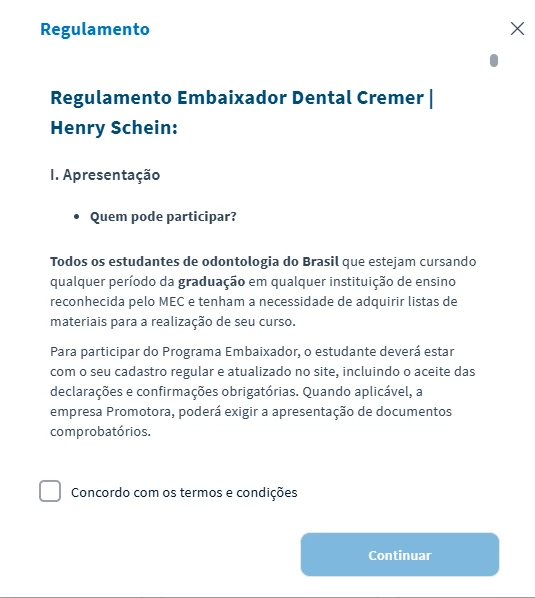 Imagem do regulamento do Programa Embaiador Dental Cremer, detalhando quem pode participar, requisitos para estudantes de odontologia do Brasil, e informações para atualização de cadastro.