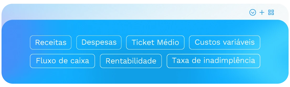 Imagem com botões em destaque contendo categorias financeiras como Receitas, Despesas, Ticket Médio, Custos Variáveis, Fluxo de Caixa, Rentabilidade e Taxa de Inadimplência.