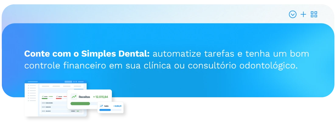 Imagem ilustrativa de software de gestão financeira para clínicas odontológicas. Destaca funcionalidades do sistema Simple Dental para controle de receitas e despesas.