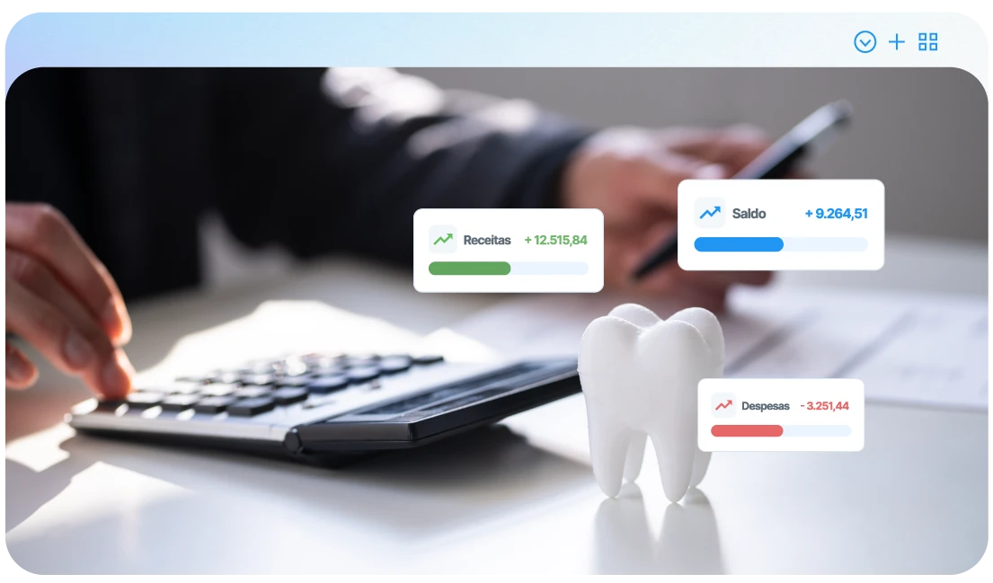 Imagem de um profissional de saúde analisando dados financeiros relacionados a odontologia, com gráficos de receita, saldo e despesas ao lado de um modelo de dente branco, simbolizando o impacto financeiro na saúde bucal.