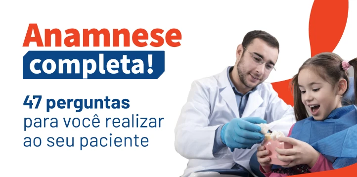 Imagem que destaca a anamnese completa com 47 perguntas essenciais para realizar ao paciente, ilustrada por um profissional de saúde com uma criança.