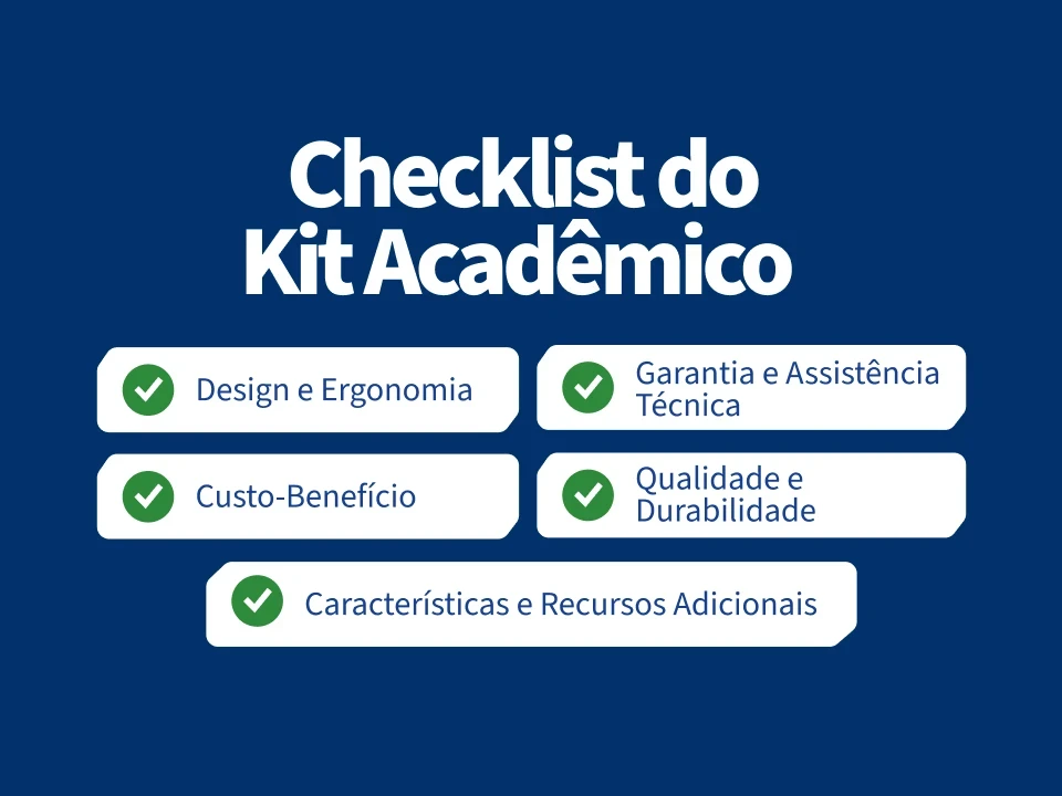 Checklist do Kit Acadêmico destacando itens como design ergonômico, garantia técnica, custo-benefício, qualidade e recursos adicionais.