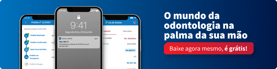 Imagem de smartphones exibindo um aplicativo de odontologia, com destaque para a interface moderna e recursos digitais na área odontológica, promovendo inovação e conveniência no cuidado dental.