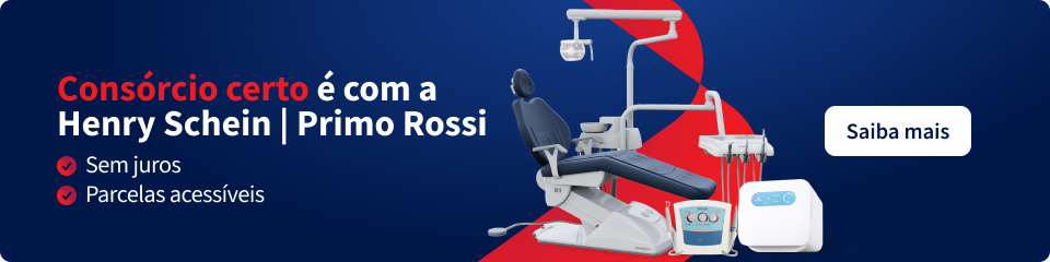 Anúncio de consórcio com Henry Schein e Primo Rossi destacando benefícios como sem juros e parcelas acessíveis, com imagem de equipamento odontológico.