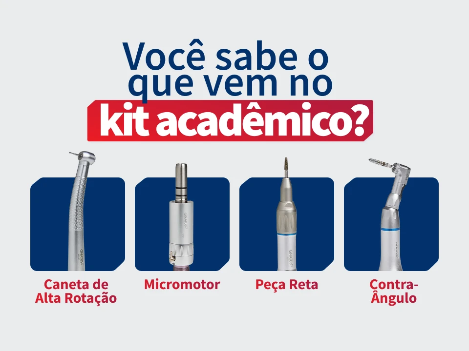 Imagem ilustrativa de instrumentos odontológicos utilizados no kit acadêmico, incluindo caneta de alta rotação, micromotor, peça reta e contra-ângulo, essenciais para procedimentos odontológicos.