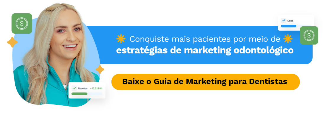 Mulher sorridente com cabelo loiro e liso, apresentando estratégias de marketing odontológico em um fundo colorido.