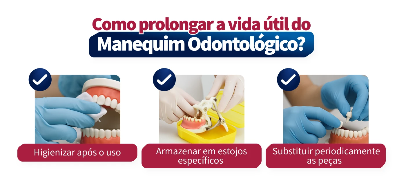Dicas essenciais para prolongar a vida útil do manequim odontológico, incluindo higiene após uso, armazenamento em estojo específico e substituição periódica de peças.
