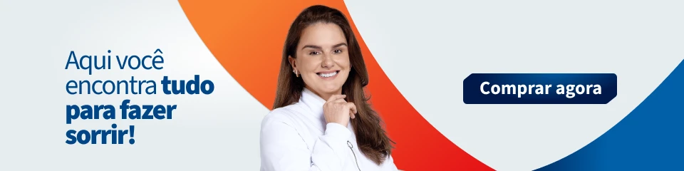 Imagem promocional com uma mulher sorridente vestindo um jaleco branco, destacando a frase 'Aqui você encontra tudo para fazer sorrir!' e um botão de compra.