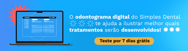 Imagem promocional de um odontograma digital do Simples Dental, destacando a facilidade de uso e os benefícios do tratamento digital na odontologia.
