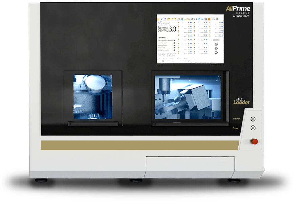 Imagem de uma fresadora CAD/CAM para laboratórios de alta produção, mostrando ela por completo vista de frente.