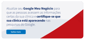 Imagem de uma tela de computador mostrando uma mensagem sobre atualização do Google Meu Negócio para clínicas, incentivando a certificação e visibilidade online.