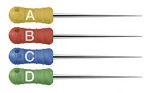 Imagem mostrando um esquema de cores com marcadores nas cores amarelo, vermelho, azul e verde, relacionados às letras A, B, C e D, para referenciar limas endodonticas