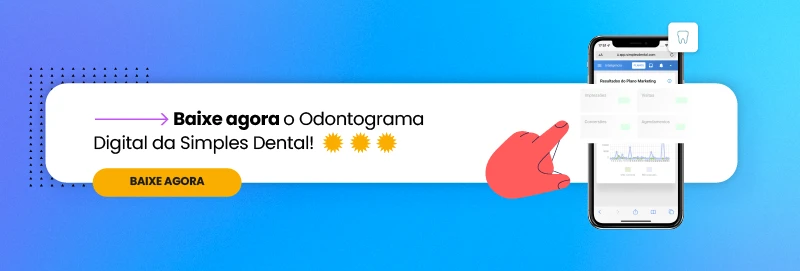 Imagem promovendo o Odontograma Digital da Simples Dental com um celular exibindo a interface do aplicativo. Baixe agora e facilite o seu atendimento!