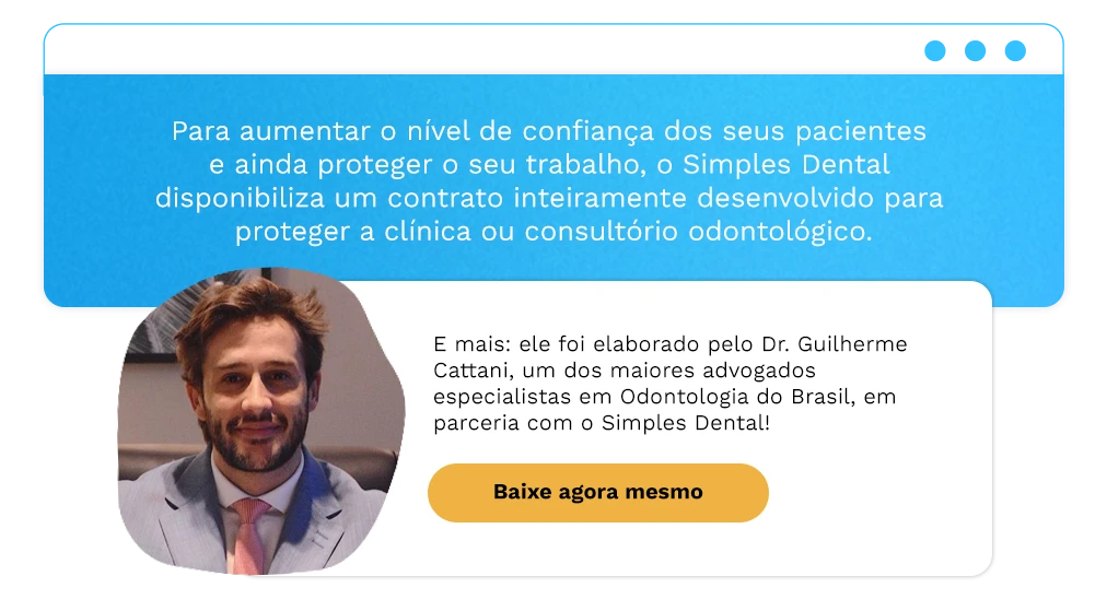 A imagem promove os serviços do Simples Dental, destacando a importância de proteger clínicas e consultórios odontológicos com contrato especializado que inspira confiança.