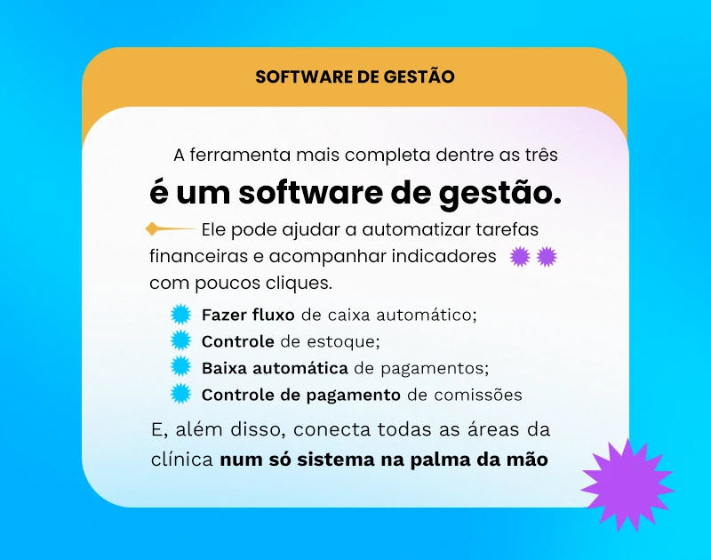 Imagem de uma apresentação de software de gestão destacando suas funcionalidades como controle de estoque e fluxo de caixa automático.