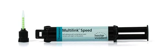 Aplicador de cimento ortodôntico Multilink Speed da Ivoclar Vivadent, utilizado na odontologia para fixação de aparelho ortodôntico com tecnologia de cura rápida.